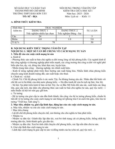 Đề cương ôn tập Giữa kì 1 Lịch sử 11 năm 2025–2026 trường THPT Đào Sơn Tây (TP Hồ Chí Minh)